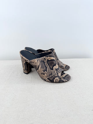 Vince Heath Leather Snakeprint Cross Strap Block Heel Mules Brown Women's EU 40