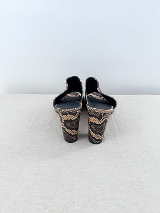 Vince Heath Leather Snakeprint Cross Strap Block Heel Mules Brown Women's EU 40