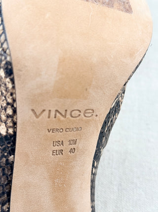 Vince Heath Leather Snakeprint Cross Strap Block Heel Mules Brown Women's EU 40