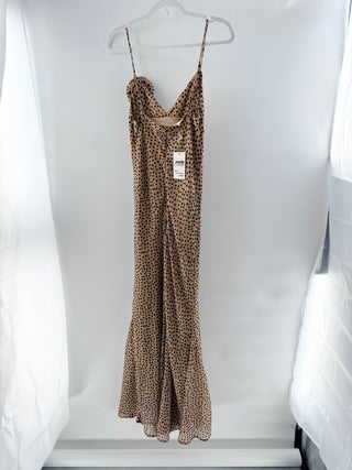 Sleeveless Polka Dot V-Neck Maxi Slip Dress Rose Applique Light Brown Women's S