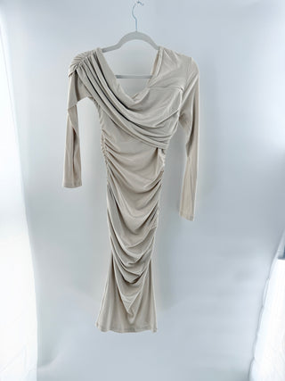 Susana Monaco One Off Shoulder Ruched Bodycon Midi Dress Blanched Almond Size XS