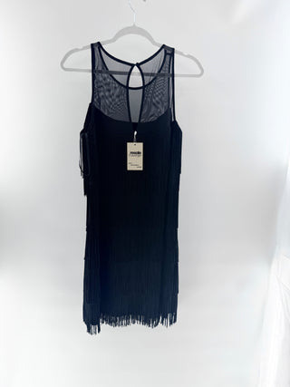 White house black market Black mesh layered fringe dress, M