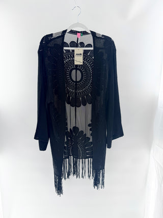 Farm Rio Black crochet lace fringed kimono, M