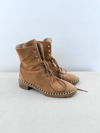Stuart Weitzman Sondra Suede Faux Pearl Lace-Up Combat Boots Tan Womens Size 8.5