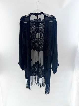 Farm Rio Black crochet lace fringed kimono, M