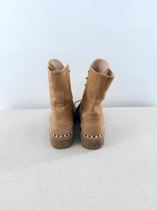Stuart Weitzman Sondra Suede Faux Pearl Lace-Up Combat Boots Tan Womens Size 8.5