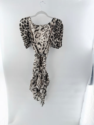 Hemant & Nandita Rika Leopard Puff Sleeve Ruched Mini Dress Cream Green Small