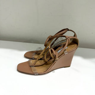 Aquazzura Illusion Plexi Leather Strappy Wedge Sandals Beige Women's Size EU 37