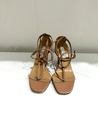 Aquazzura Illusion Plexi Leather Strappy Wedge Sandals Beige Women's Size EU 37