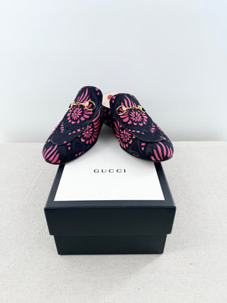 gucci jacquard princetown-style mules featuring floral woven print, signature gold-tone horsebit hardware, and backless loafer, 7