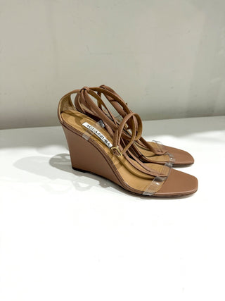 Aquazzura Illusion Plexi Leather Strappy Wedge Sandals Beige Women's Size EU 37