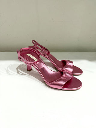 Casadei Metallic Leather Ankle Strap Kitten Heel Sandals Pink Women's EU 37.5