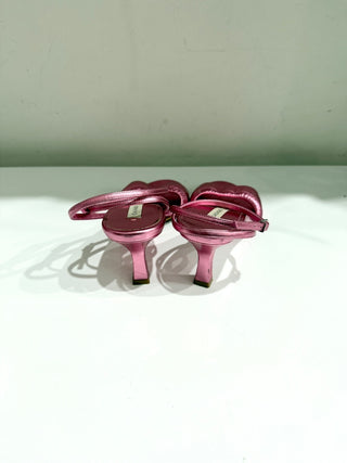 Casadei Metallic Leather Ankle Strap Kitten Heel Sandals Pink Women's EU 37.5