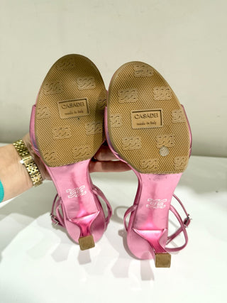 Casadei Metallic Leather Ankle Strap Kitten Heel Sandals Pink Women's EU 37.5