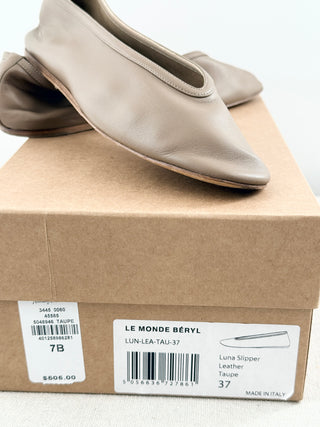 Le Monde Beryl Luna V-Cut Slip On Slipper Flat Taupe Leather Women's Size US 7