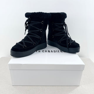 La Canadienne Emery Suede Shearling Cuff Lace-Up Winter Boots Black Women's 7