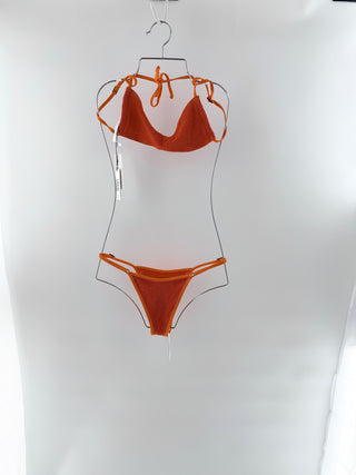 Bond eye vibrant textured bikini set featuring a soft crinkle-knit fabric, top has a scoop neckline with slim adjustable straps while the matching bottom is high-cut with minimal coverage, S