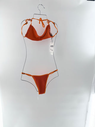 Bond eye vibrant textured bikini set featuring a soft crinkle-knit fabric, top has a scoop neckline with slim adjustable straps while the matching bottom is high-cut with minimal coverage, S