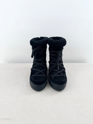 La Canadienne Emery Suede Shearling Cuff Lace-Up Winter Boots Black Women's 7