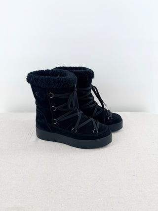 La Canadienne Emery Suede Shearling Cuff Lace-Up Winter Boots Black Women's 7