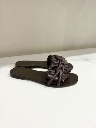 Tory Burch Rope Leather Slip On Slide Flat Sandals Fudge Brown Women's Size 8