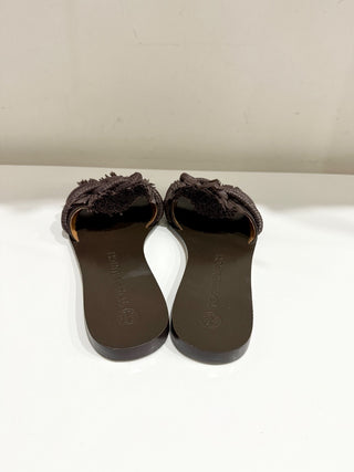 Tory Burch Rope Leather Slip On Slide Flat Sandals Fudge Brown Women's Size 8