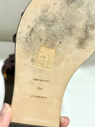 Tory Burch Rope Leather Slip On Slide Flat Sandals Fudge Brown Women's Size 8