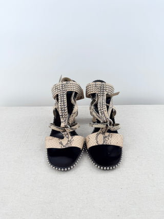 Salvatore Ferragamo Sienna Python Leather Studded Ankle Cuff Sandals Beige 9.5
