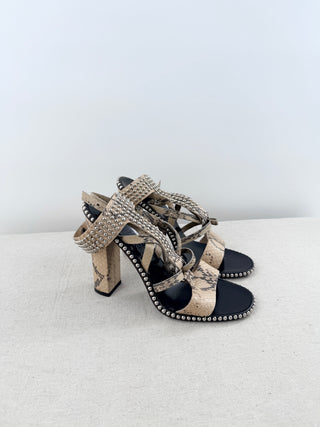 Salvatore Ferragamo Sienna Python Leather Studded Ankle Cuff Sandals Beige 9.5