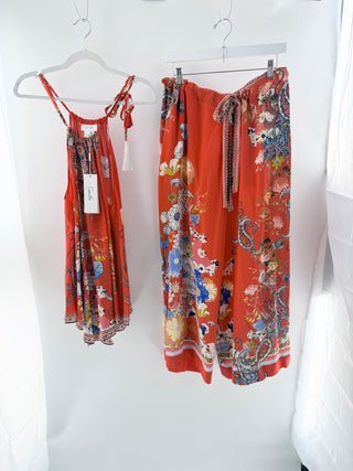 Camilla silk floral pattern embellished set top and wide pants, top M / bottom one size