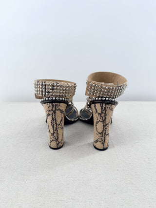 Salvatore Ferragamo Sienna Python Leather Studded Ankle Cuff Sandals Beige 9.5