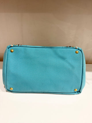 PRADA Canapa Bijoux Crystal Studded Shoulder Tote Handbag Turquoise