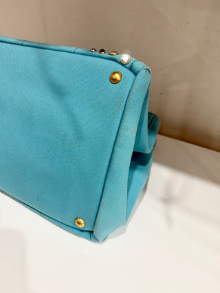 PRADA Canapa Bijoux Crystal Studded Shoulder Tote Handbag Turquoise