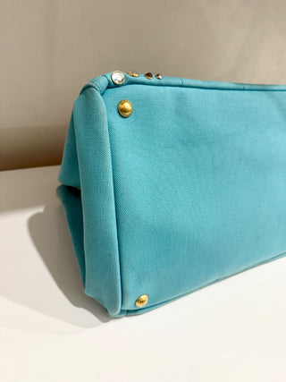 PRADA Canapa Bijoux Crystal Studded Shoulder Tote Handbag Turquoise