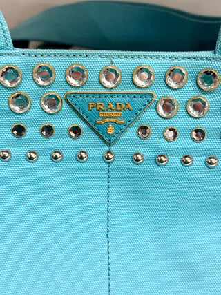 PRADA Canapa Bijoux Crystal Studded Shoulder Tote Handbag Turquoise