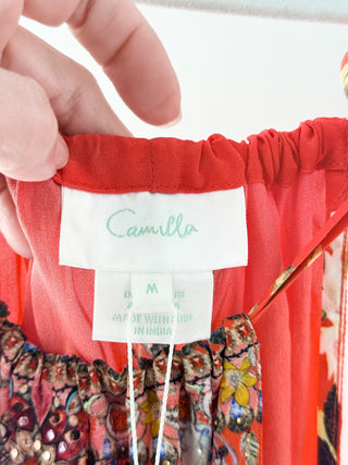 Camilla silk floral pattern embellished set top and wide pants, top M / bottom one size