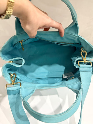 PRADA Canapa Bijoux Crystal Studded Shoulder Tote Handbag Turquoise
