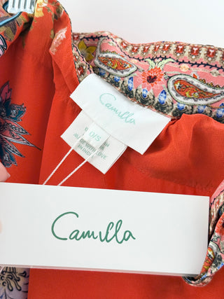 Camilla silk floral pattern embellished set top and wide pants, top M / bottom one size