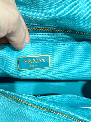 PRADA Canapa Bijoux Crystal Studded Shoulder Tote Handbag Turquoise