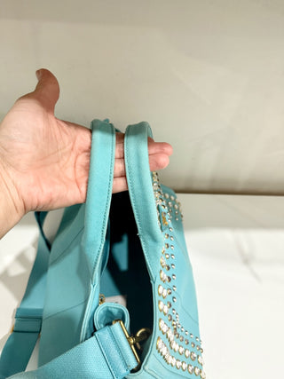 PRADA Canapa Bijoux Crystal Studded Shoulder Tote Handbag Turquoise