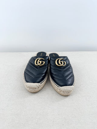 Gucci Charlotte Matelasse GG Marmont Leather Espadrilles Mules Black Women EU 36