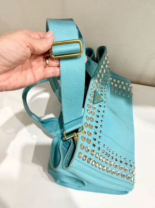PRADA Canapa Bijoux Crystal Studded Shoulder Tote Handbag Turquoise