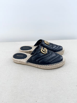 Gucci Charlotte Matelasse GG Marmont Leather Espadrilles Mules Black Women EU 36