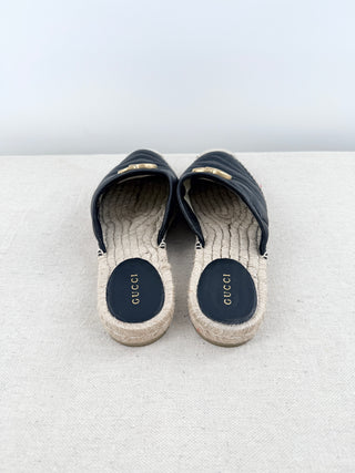 Gucci Charlotte Matelasse GG Marmont Leather Espadrilles Mules Black Women EU 36