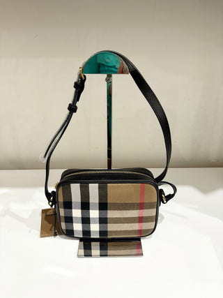 NWT Burberry Novacheck Leather Crossbody Camera Bag Beige/Black