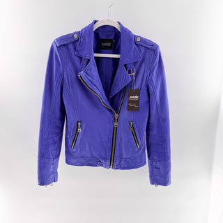 DOMA Leather Long Seeve Full Zip Collared Neck Moto Jacket Purple Blue Womens M