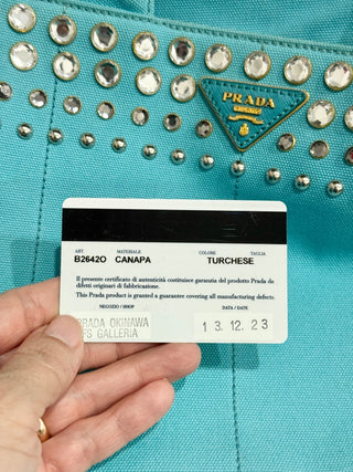 PRADA Canapa Bijoux Crystal Studded Shoulder Tote Handbag Turquoise