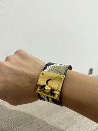 Fendi Wide Brown/Gold Snakeskin Cuff Bracelet with Gold Clasp M