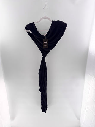 Ronny Kobo Brulee Ruched Cowl Neck Bodycon Mini Dress with Draped Sash Black S