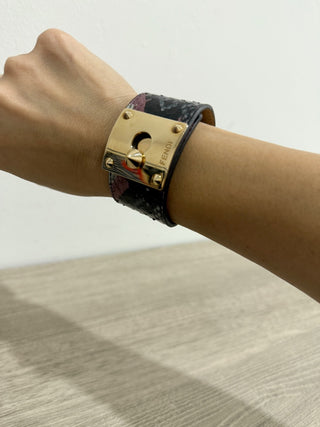 Fendi Wide Black/Gold Snakeskin Cuff Bracelet with Gold Clasp M